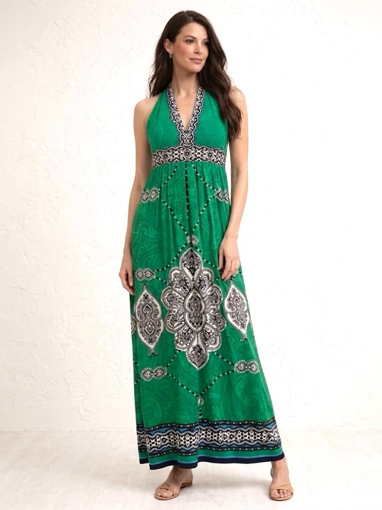 Ronni Nicole Dresses & Skirts - Ronni Nicole Green Paisley Halter Boho Chic Maxi Dress Sleeveless Patterned 12